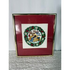 VTG Framed Christmas Cross Stitch‎ Wreath Reindeer Penguin Gifts Holiday Decor